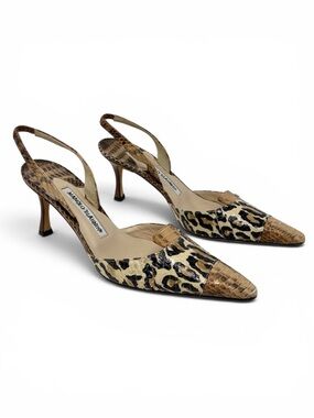 Manolo Blahnik 70 Carolyne Leopard Python Slingback Heels 37.5 Vintage